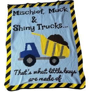 Handmade blanket, crochet -what boys are made of-trucks, mischief, muck